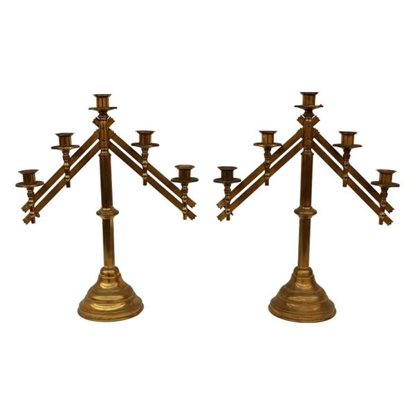 Brass Five Light Adjustable Altar Candelabra Pair