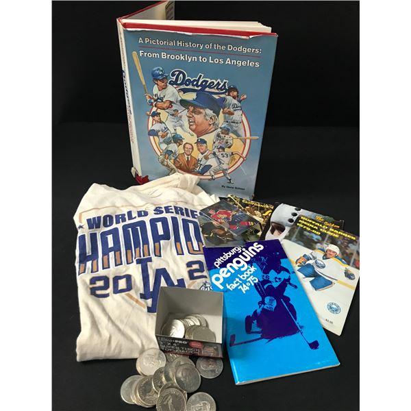 LOT OF SPORTS MEMORABILIA - INCLUDING COINS