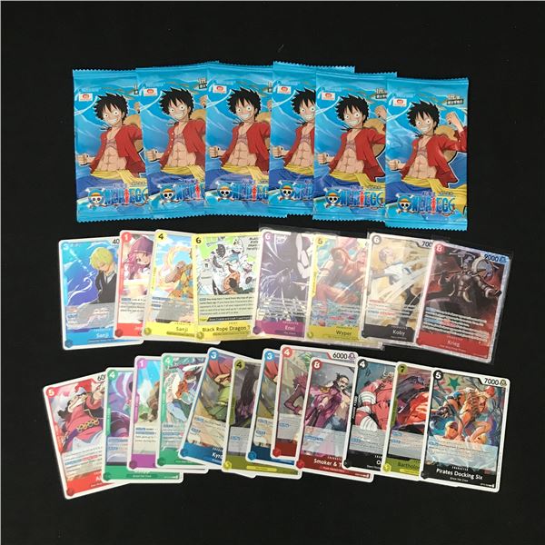 LOT OF ONE PIECE TRADING CARDS - INCLUDING 6 SEALED BOOSTER PACKS