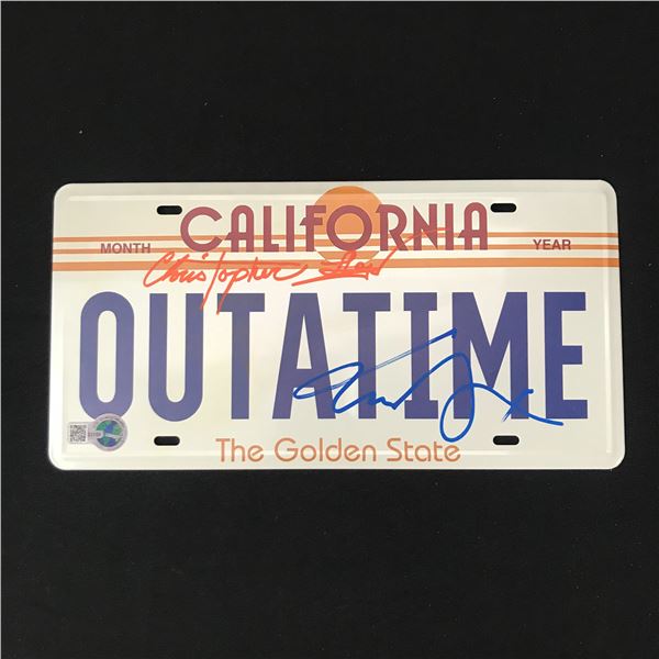 CHRISTOPHER LLOYD AND MICHAEL J FOX DUAL SIGNED OUTATIME B.T.T.F LICENSE PLATE - WWOC COA