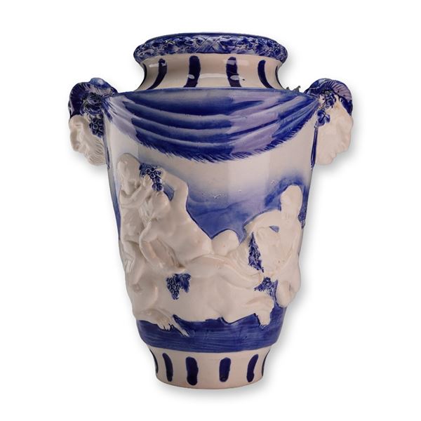 Vintage Wedgwood and Mintons Blue and White Urn with Raised Cherubs and Grapes