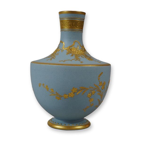 Wedgwood Blue Stoneware Vase with Raised Floral Gilt Decoration