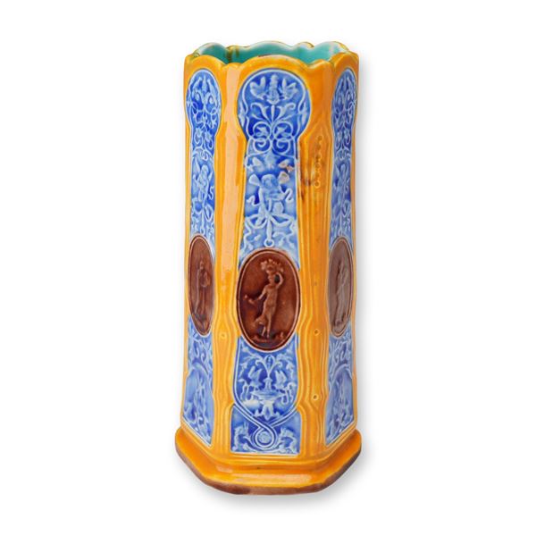 Wedgwood Victorian Majolica Hexagonal Spill Vase with Classical Medallions