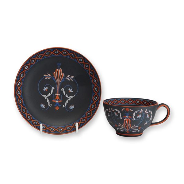 2pc Wedgwood Black Basalt Enamelled Teacup and Saucer