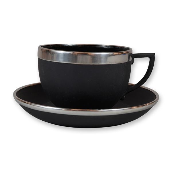 2pc Wedgwood Black Basalt Teacup and Saucer with Sterling Silver Mounts