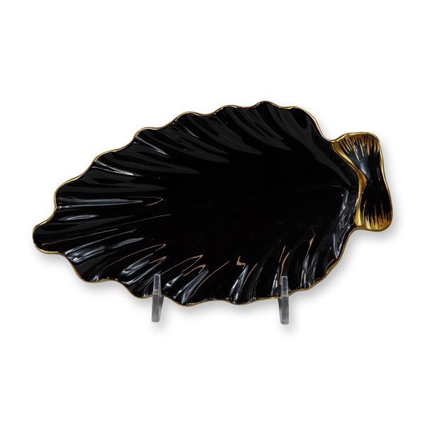Wedgwood Gold on Glazed Black Basalt Leaf Shaped Olive Dish