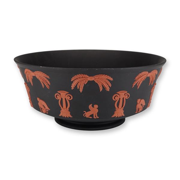 Wedgwood Terra Cotta on Black Jasperware Egyptian Revival Footed Bowl