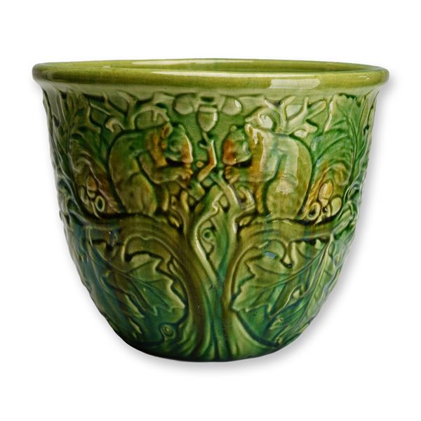 Weller Pottery Squirrel and Acorn Majolica Green Glazed Jardiniere