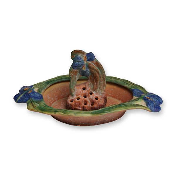 2pc Weller Pottery Ardsley Iris Console Bowl and Flower Frog
