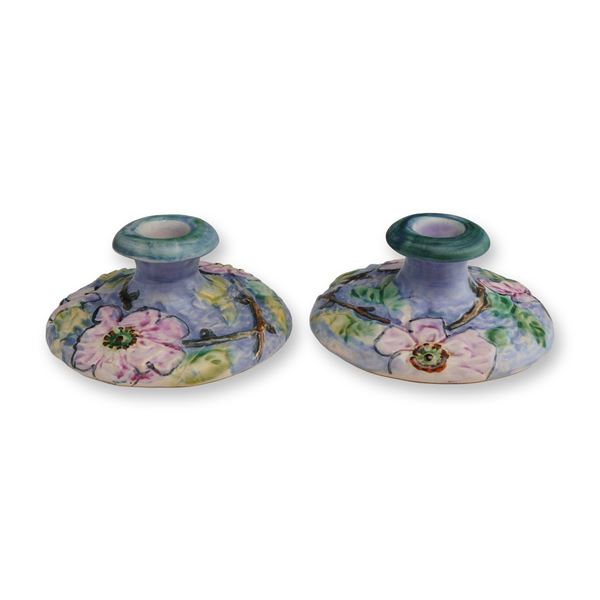 Pair of Weller Pottery Art Deco Candleholders, Silvertone