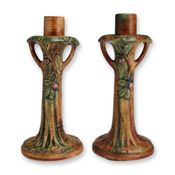 Pair of Weller Pottery Candle Holders, Woodcraft