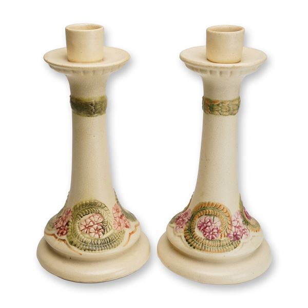 Pair of Weller Pottery Creamware Candleholders, Roma
