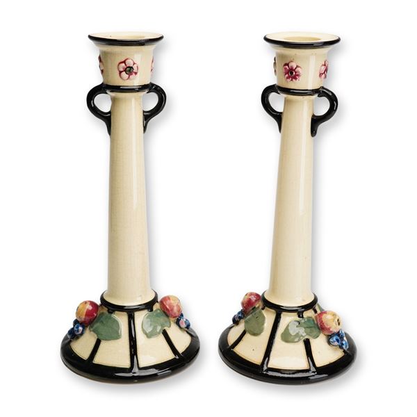 Pair of Weller Pottery Fruit and Berry Candle Holders, Noval