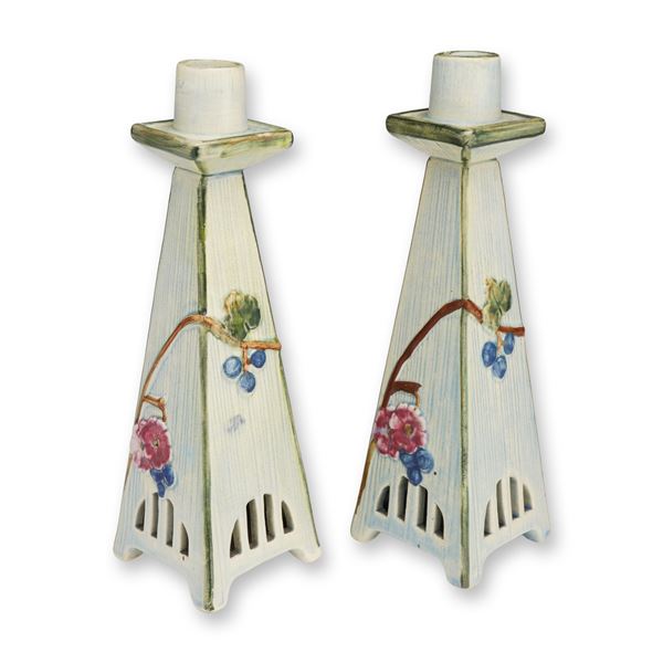 Pair of Weller Pottery Polychrome Candleholders, Klyro