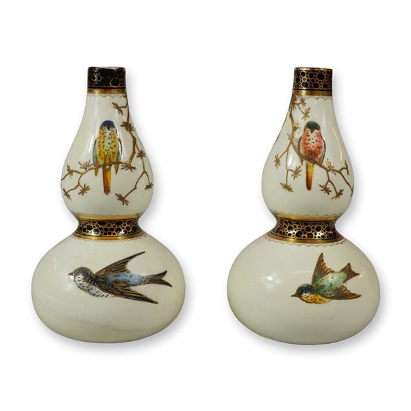 Pair of Wedgwood Bone China Gilt Paste and Enameled Bird Small Vases