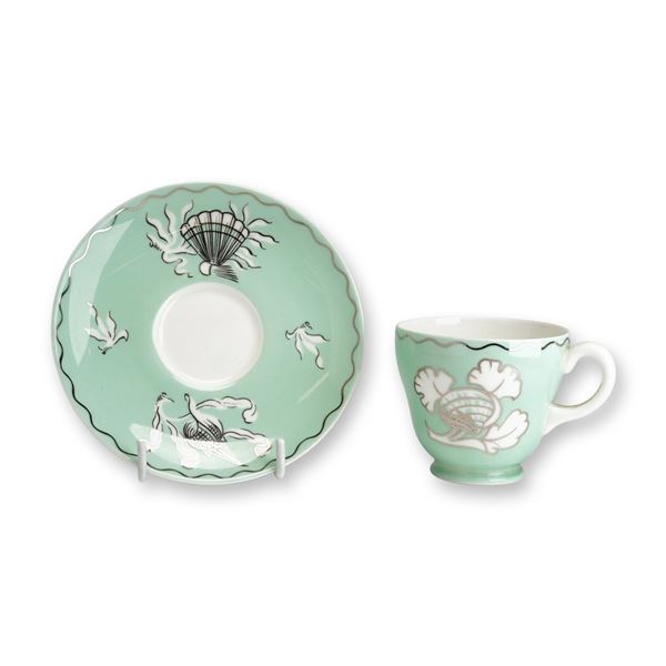 2pc Wedgwood Bone China Cup and Saucer with Platinum Shell Design by Victor Skellern