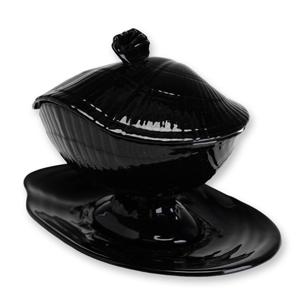 2pc Wedgwood Black Glazed Nautilus Lidded Dish with Underplate