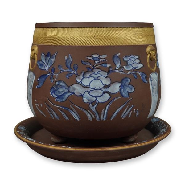 Wedgwood Rosso Antico Enameled Cachepot and Stand