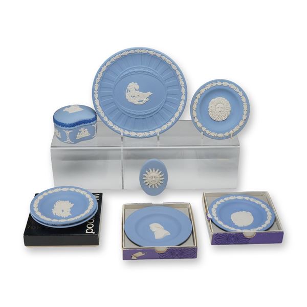 8 Piece Collection of Wedgwood Blue Jasperware Including Six Dishes One Plaque and One Lidded Box