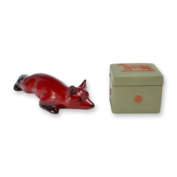 2pc Royal Doulton Flambe Fox and Wedgwood Jasperware Sage Green Lidded Box