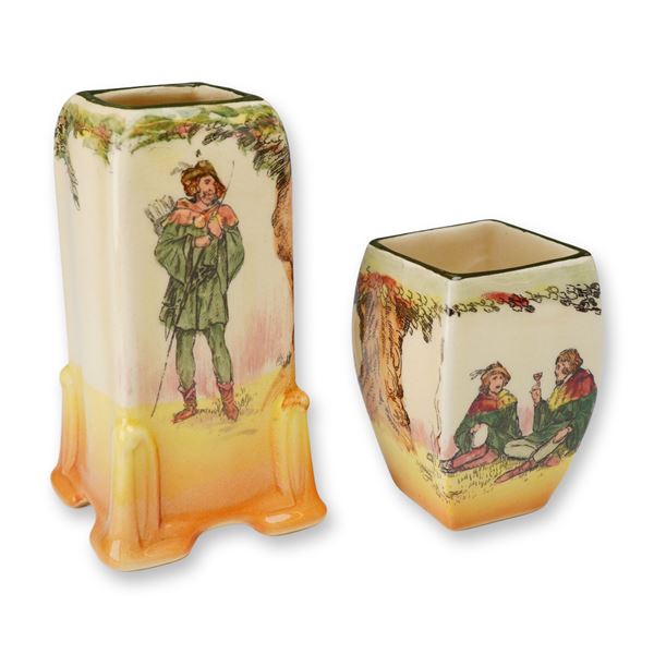 2pc Royal Doulton Series Ware Under the Greenwood Tree Vases, Robin Hood and Little John