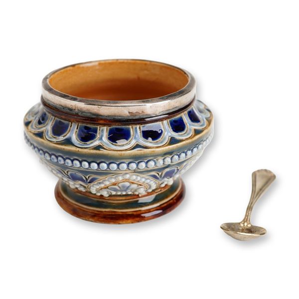 Doulton Lambeth Stoneware Salt Cellar with EPNS Spoon