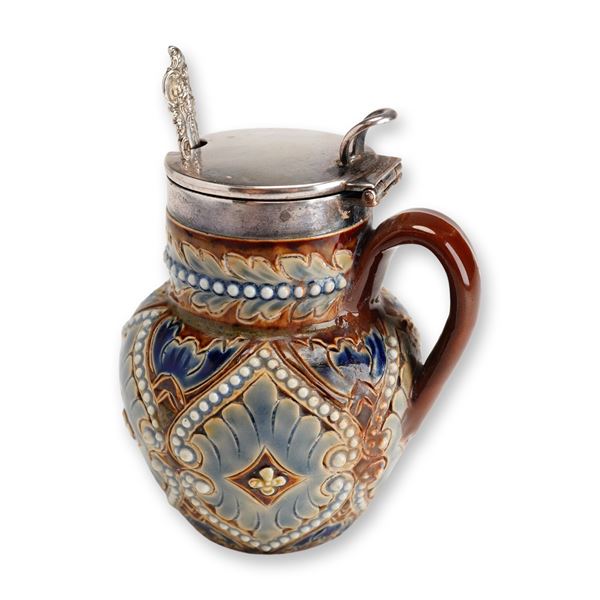 Doulton Lambeth Stoneware Mustard Pot with Wallace Sterling Silver Spoon