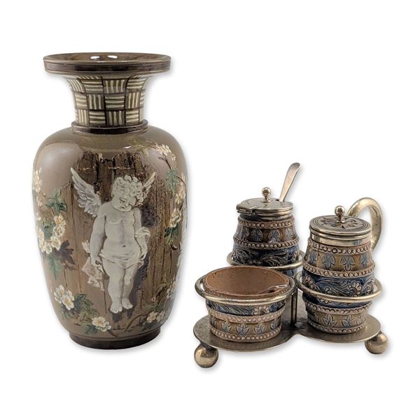 2pc  Doulton Lambeth Stoneware Vase and Cruet Set