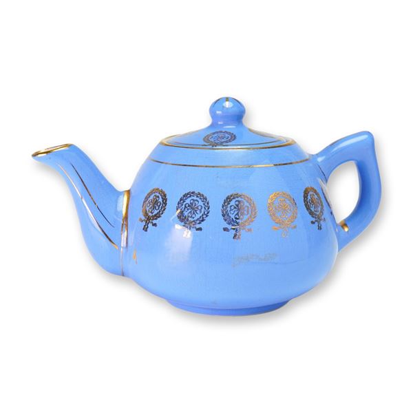 Weller Pottery Periwinkle Blue and Gilded Wreath Teapot with Lid