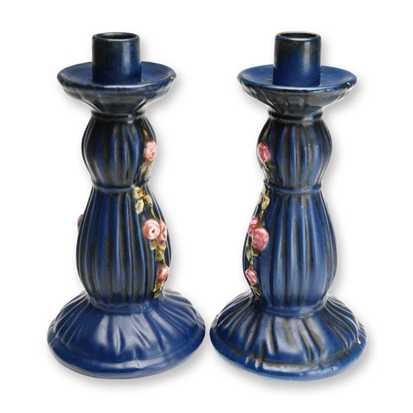 Weller Pottery Flower and Leaf Candleholders, Blue Drapery