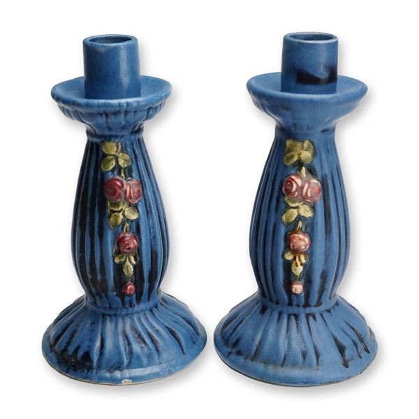 Pair of Weller Pottery Candle Holders, Blue Drapery