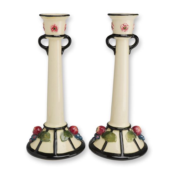 Pair of Weller Pottery Creamware Fruit Candleholders, Noval