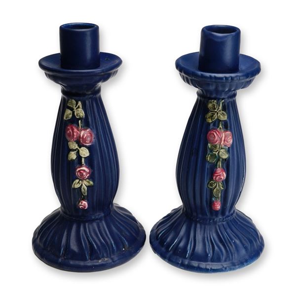 Pair of Weller Pottery Matte Candleholders, Blue Drapery