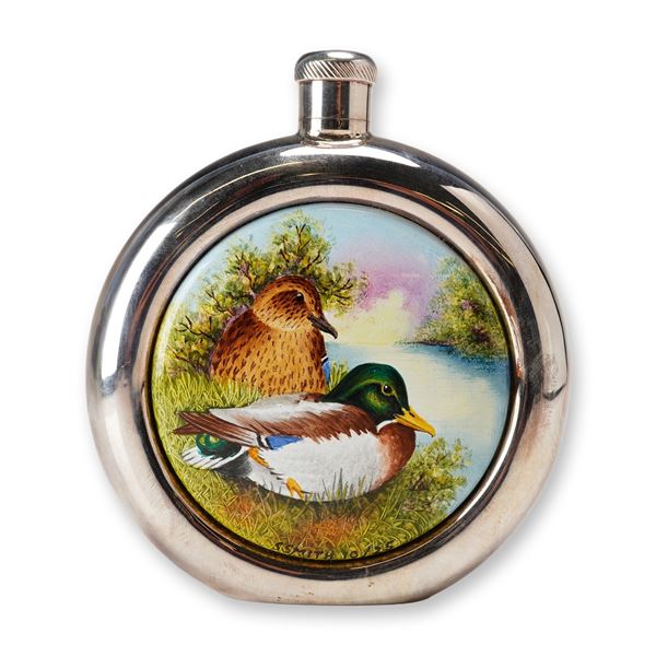 Moorcroft Enamel and Sterling Silver Hip Flask, Mallard