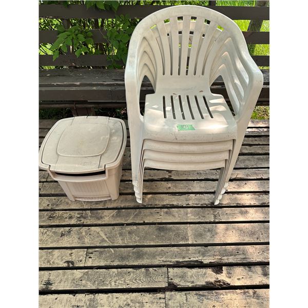 4 Outdoor chairs and lawn hose caddie box