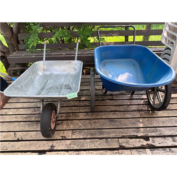 2 Wheelbarrows see pics for details (blue has crack)