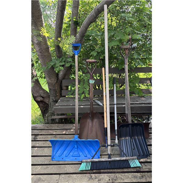 Lot of outdoor garden tools including broom, shovels and more