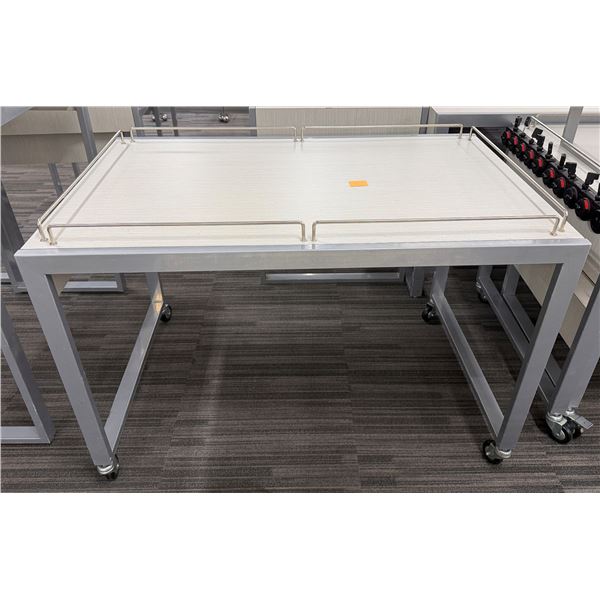 Tall Rectangular Display Table w/ Rails on Wheels 49" x 31" x 32"H
