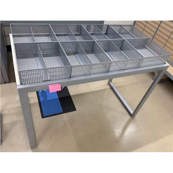 Rectangular Display Table 50" x 27" x 33"H w/ 7 Metal Double & 1 Single Baskets 12" x 12" x 4.5"H