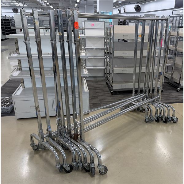 Qty 7 Adjustable Height Rolling Garment Racks 70"L x 67"H