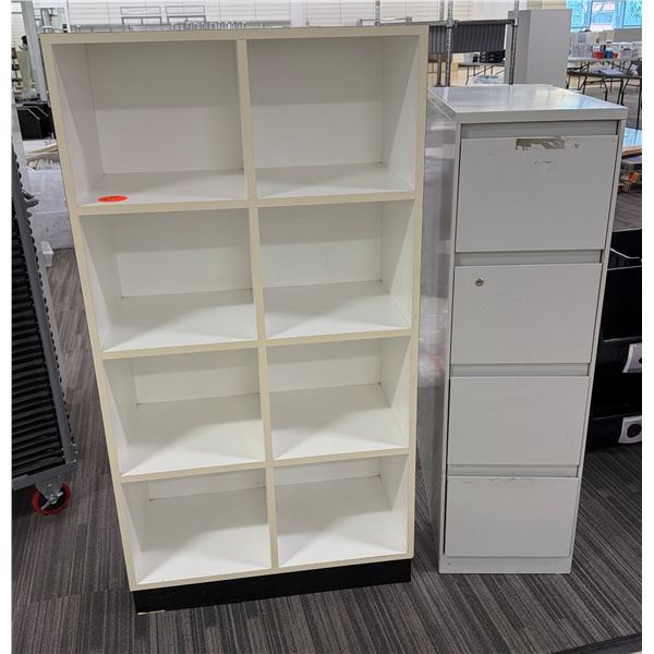 White Display Case w/ 8 Compartments & 4-Drawer Filing Cabinet, Misc Sizes