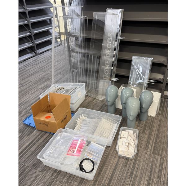 Multiple Gray Mannequin Heads, Clear Display Racks, Hooks, Baskets, etc