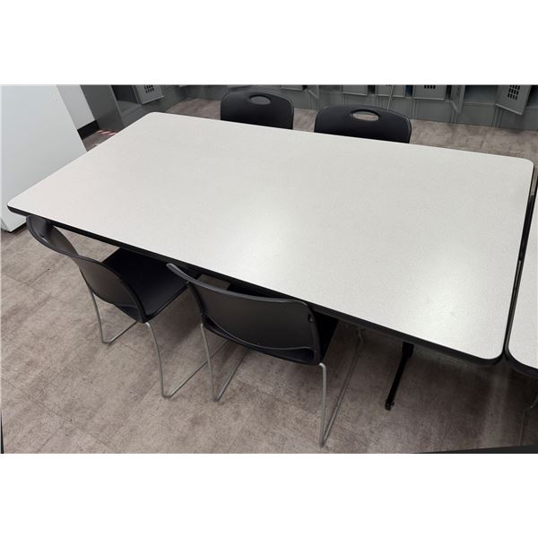 White Table 72" x 36" x 29"H w/ 4 Black Chairs