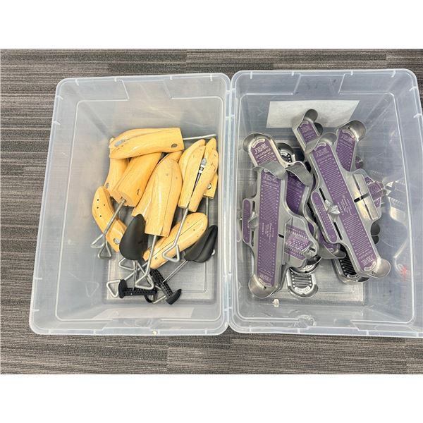 Qty 2 Bins Multiple Metal Foot-Measuring Sizer Devices & Wooden Shoe Stretchers
