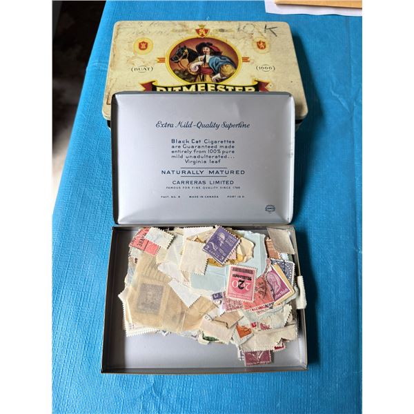 MIXED LOT OF POSTAGE STAMPS AND VINTAGE TIN BOXES