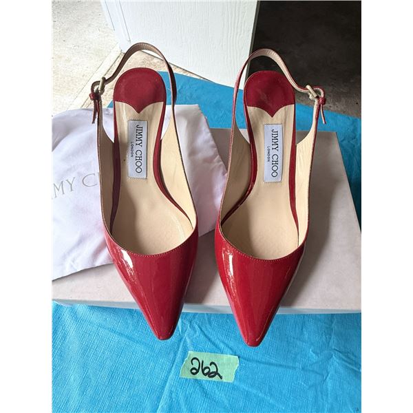 AUTHENTIC JIMMY CHOO LONDON RED PATENT LEATHER SLINGBACK PUMPS SIZE 37