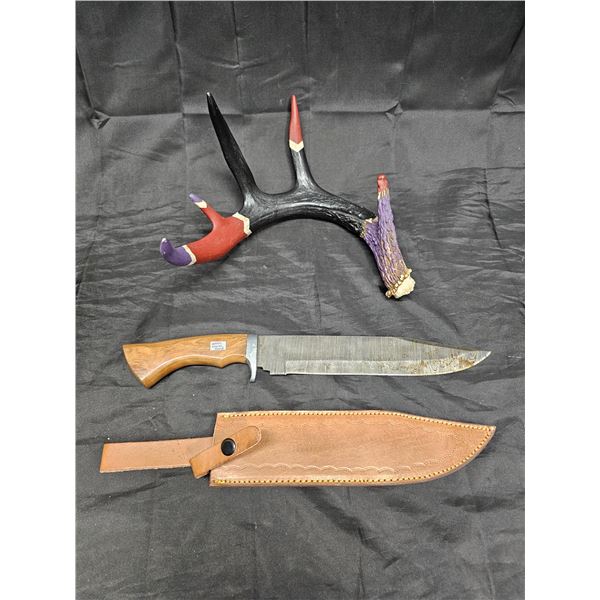 Handmade 16” Damascus Bowie Knife & Leather Scabbard w/Antler Shed Display Stand