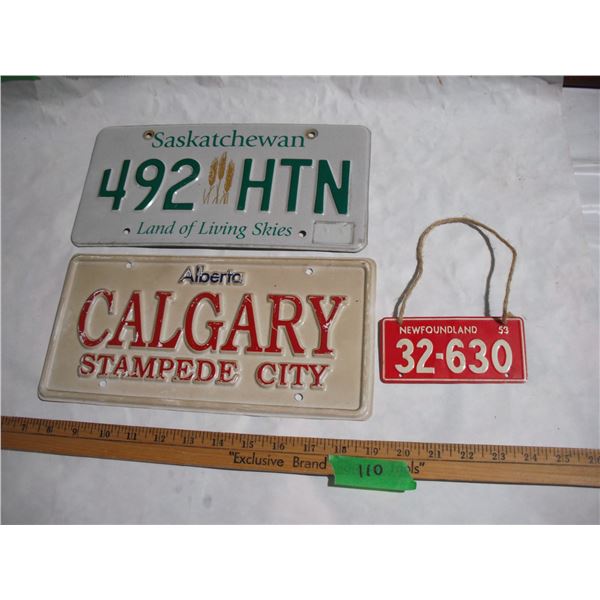 Lot of 3 License Plates – Sask, Alberta, NFLD