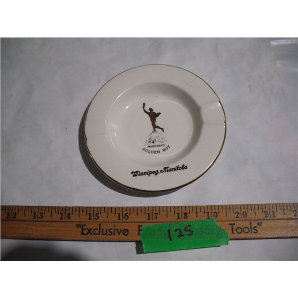 Vintage Manitoba’s Golden Boy Ceramic Ashtray w/ 22K Gold Trim