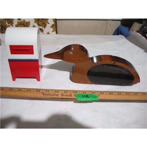 (2) Coin Banks – Wooden Loon & Canada Post (no key)